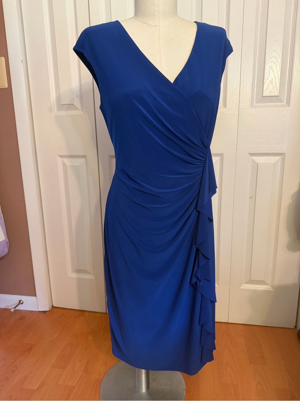American Living Cobalt Blue Surplice Midi Dress with Side Ruffle
